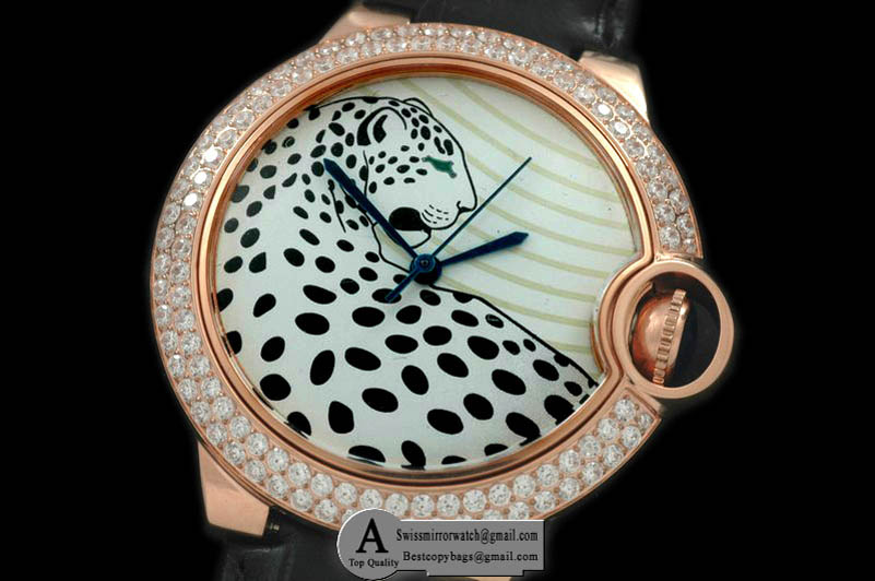 Cartier Ballon Bleu de Cartier Mid Porcelain Rose Gold/Leather "Panther" Replica Watches