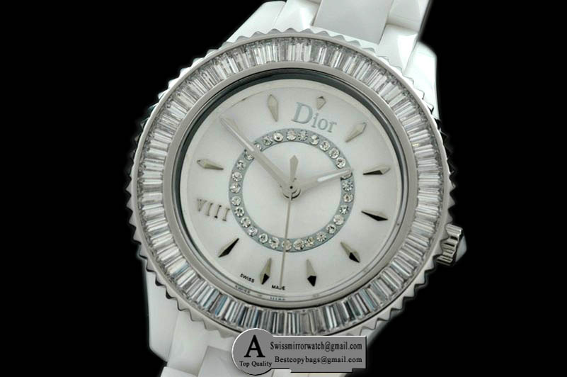 Dior VIII Mid Size Ceramic/Ceramic/White Diamond White Japanese Quartz Replica Watches