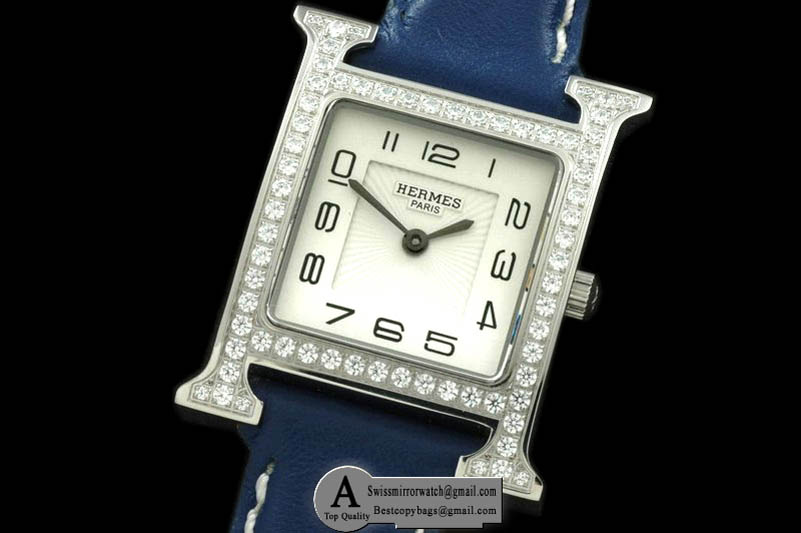 Hermes H Hour SS/Leather/Diamond White Swiss Quartz Replica Watches