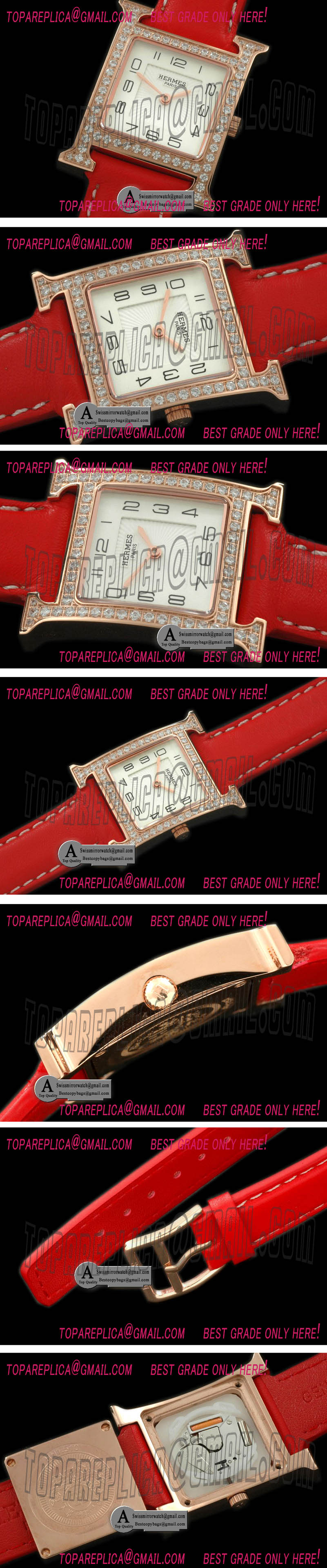 Hermes H Hour Rose Gold/Leather/Diamond White Swiss Quartz Replica Watches