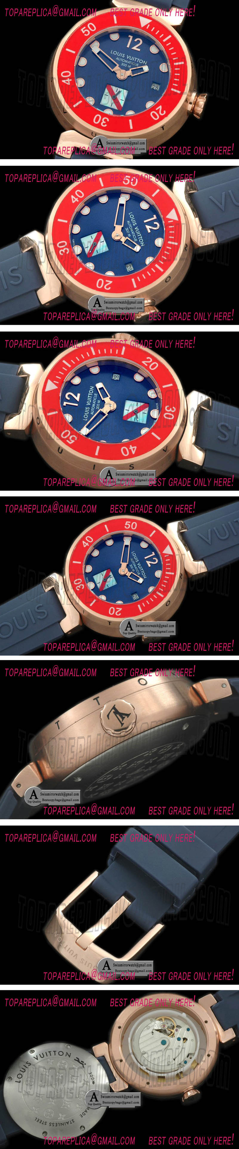 Louis Vuitton Tambour Men Diving Rose Gold/Rubber Blue Asian 2813 21J Replica Watches