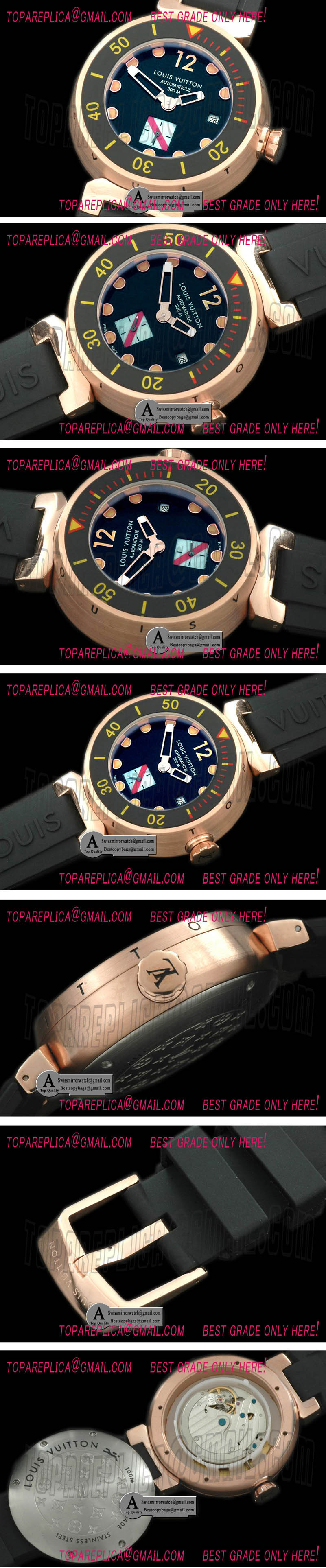 Louis Vuitton Tambour Men Diving Rose Gold/Rubber Black Asian 2813 21J Replica Watches