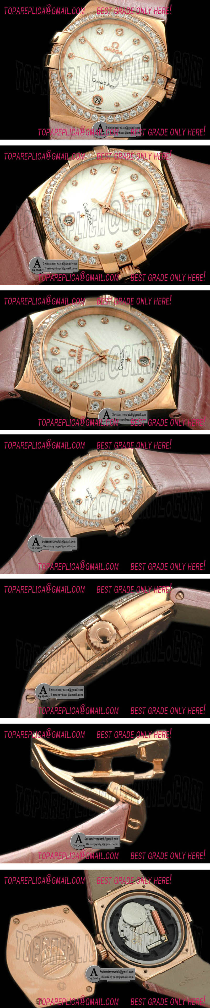 Luxury Omega Double Eagle Midsize Rose Gold/Diamond/Leather White Shell Swiss Qtz