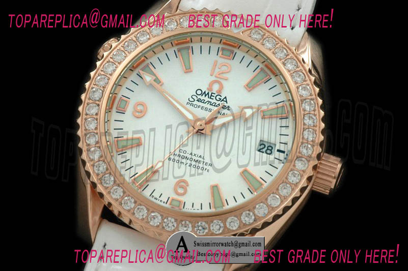 Omega 232.58.38.20.04.001 Seamaster Ladies Planet Ocean Rose Gold/Diamond/Leather White Japanese Quartz