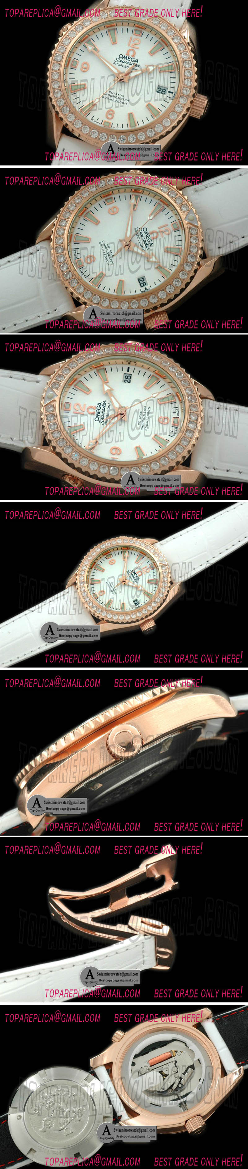 Omega 232.58.38.20.04.001 Seamaster Ladies Planet Ocean Rose Gold/Diamond/Leather White Japanese Quartz