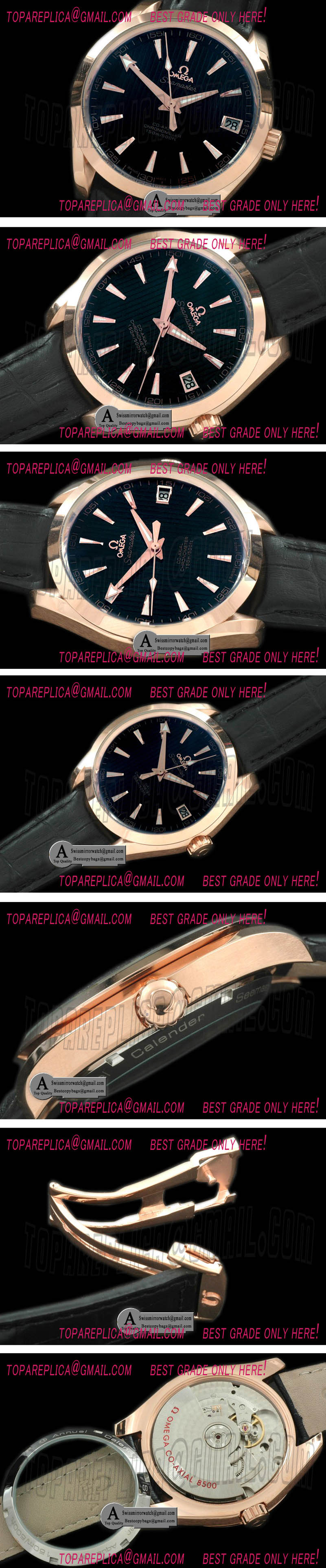 Omega Aqua Terra Seamaster Rose Gold/Leather Black Asian 2813 Replica Watches