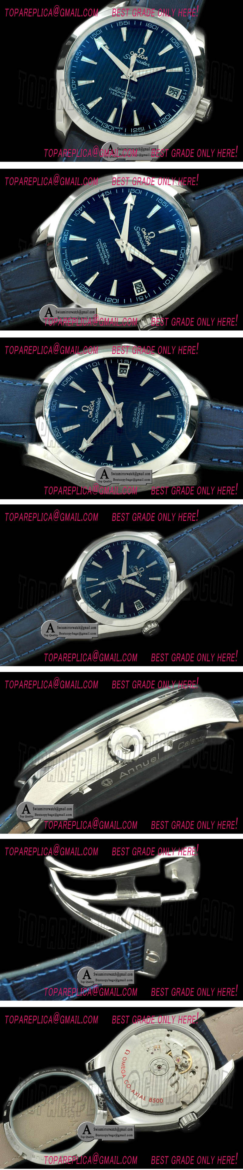 Omega Aqua Terra Seamaster SS/Leather Blue Asian 2813 Replica Watches