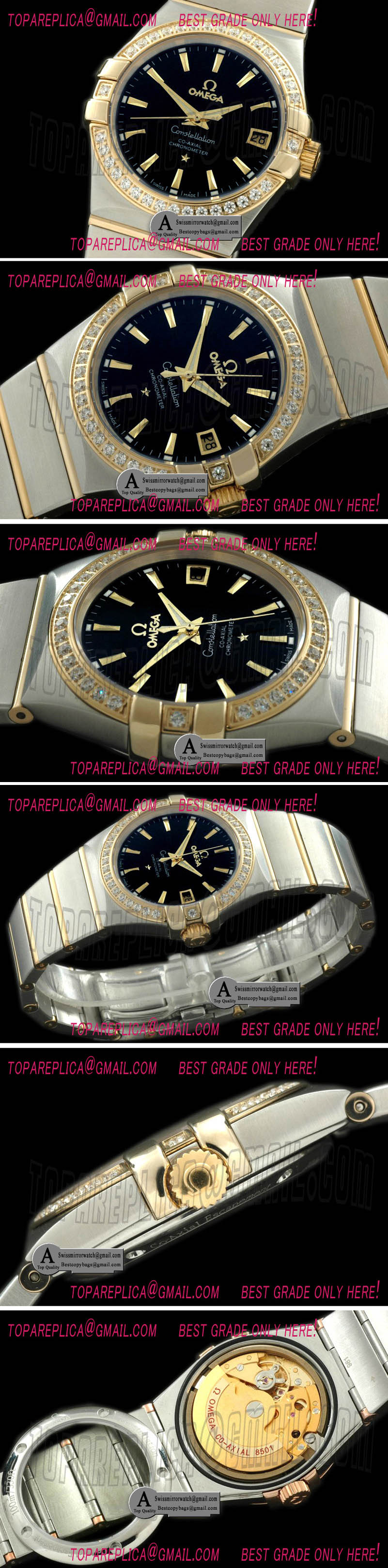 Omega Double Eagle Midsize Automatic SS/Yellow Gold/Diamond Black Stick A-2813 Replica Watches