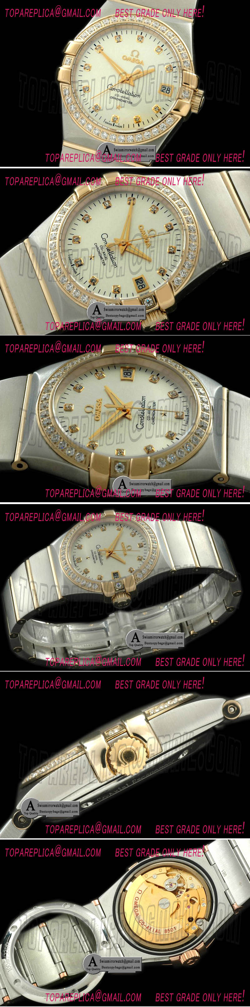 Omega 123.25.35.20.52.002 Double Eagle Midsize Auto SS/Yellow Gold/Diamond White Dia A-2813 Replica Watches
