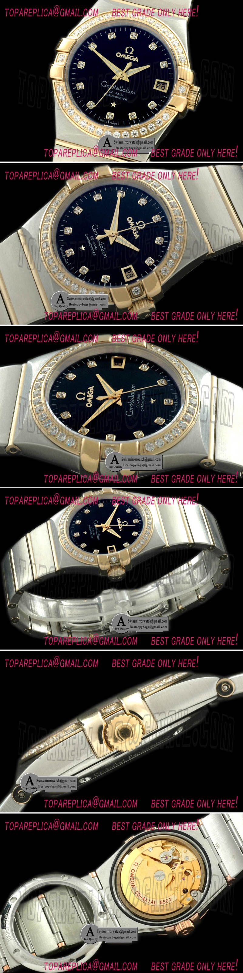 Omega Double Eagle Midsize Automatic SS/Yellow Gold/Diamond Black Dia A-2813 Replica Watches