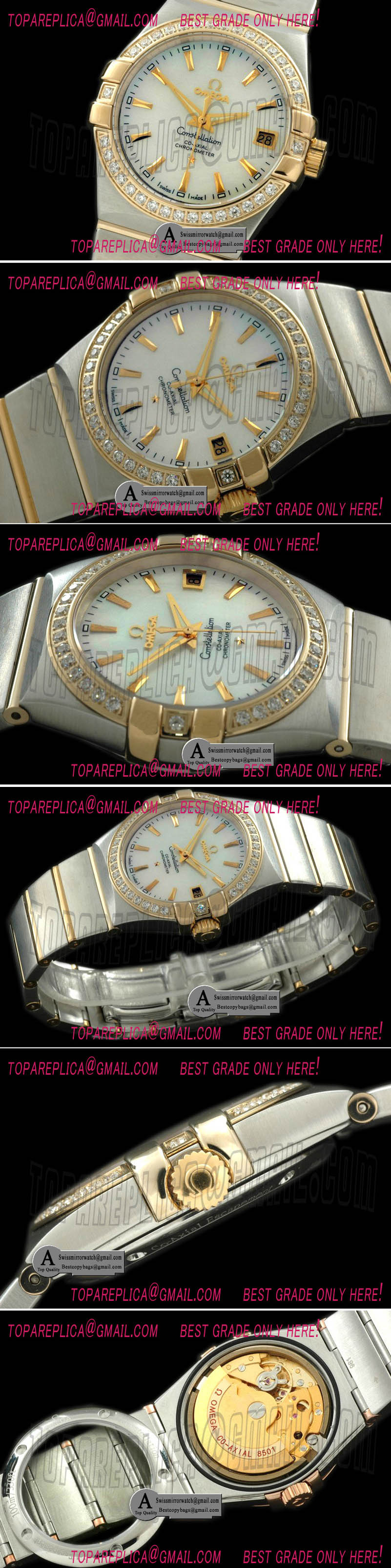 Omega Double Eagle Midsize Automatic SS/Yellow Gold/Diamond White Stick A-2813 Replica Watches