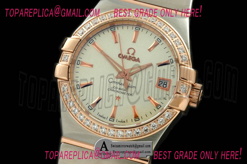 Omega Double Eagle Midsize Automatic SS/Rose Gold/Diamond White Stick Replica Watches