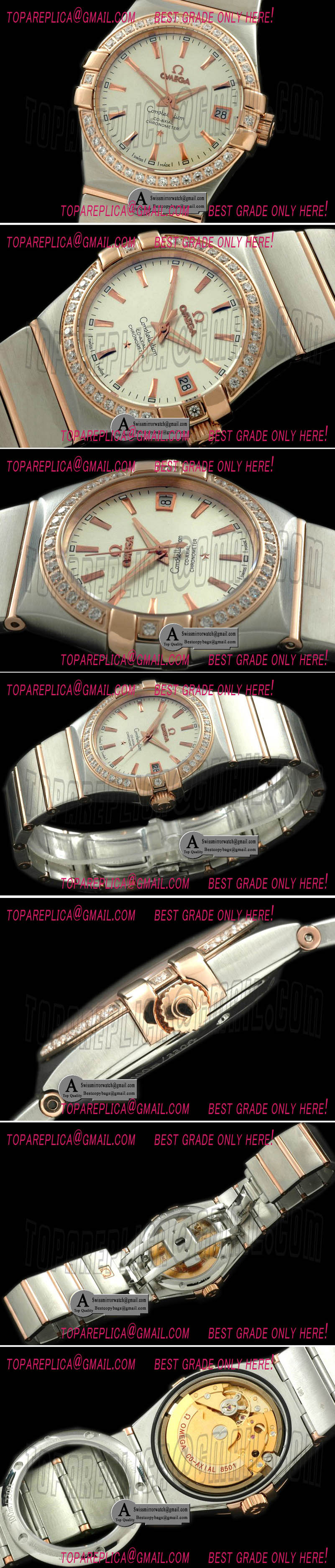 Omega Double Eagle Midsize Automatic SS/Rose Gold/Diamond White Stick Replica Watches