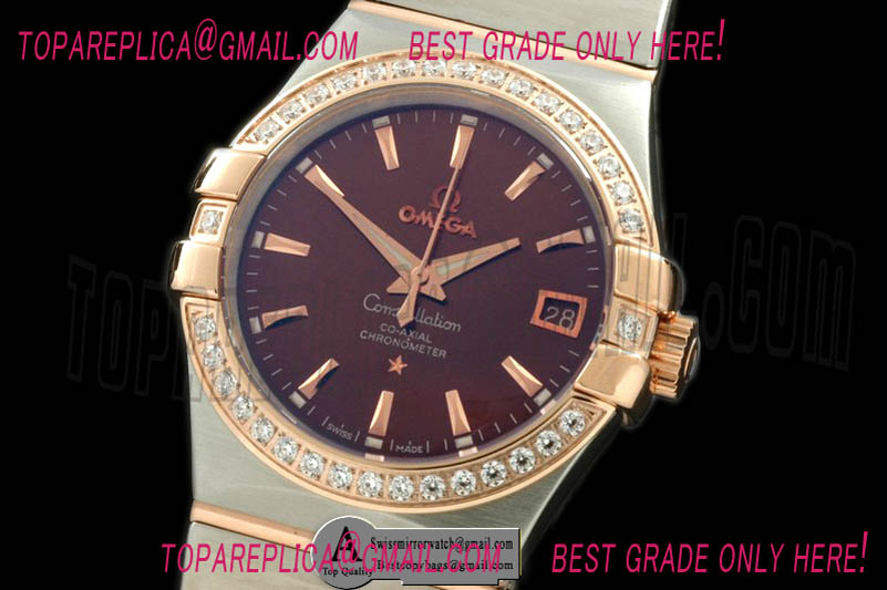 Omega Double Eagle Midsize Automatic SS/Rose Gold/Diamond Brown Stick Replica Watches