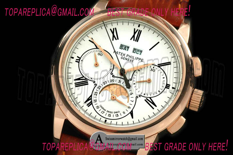 Patek Philippe Perpetual Calendar Rose Gold/Leather White Asia 2813 Replica Watches