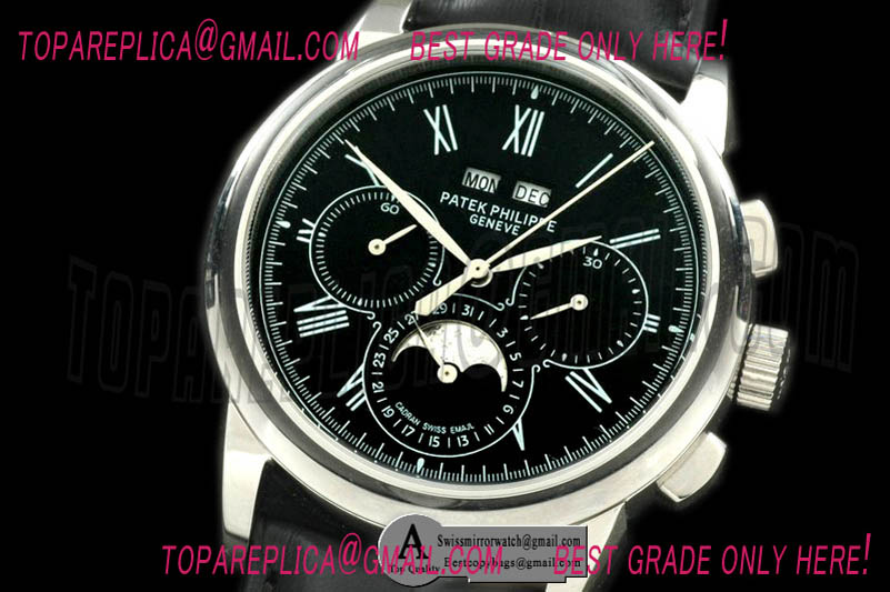 Patek Philippe Perpetual Calendar SS/Leather Black Asia 2813 Replica Watches