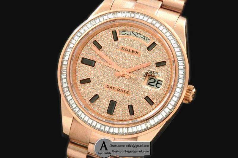 Rolex Day-Date II Rose Gold Pres SQ-Diamond Bezel Diamond/Ruby Dial Swiss Eta 2836 Replica Watches