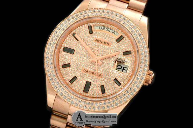 Rolex Day-Date II Rose Gold Pres 2-Diamond Bezel Diamond/Ruby Dial Swiss Eta 2836 Replica Watches