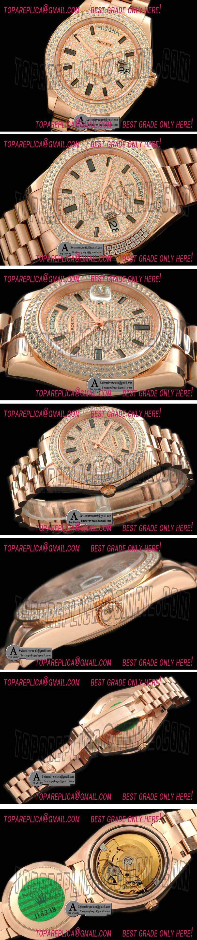 Rolex Day-Date II Rose Gold Pres 2-Diamond Bezel Diamond/Ruby Dial Swiss Eta 2836 Replica Watches