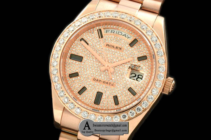 Rolex Day-Date II Rose Gold Pres Diamond Bezel Diamond/Ruby Dial Swiss Eta 2836 Replica Watches