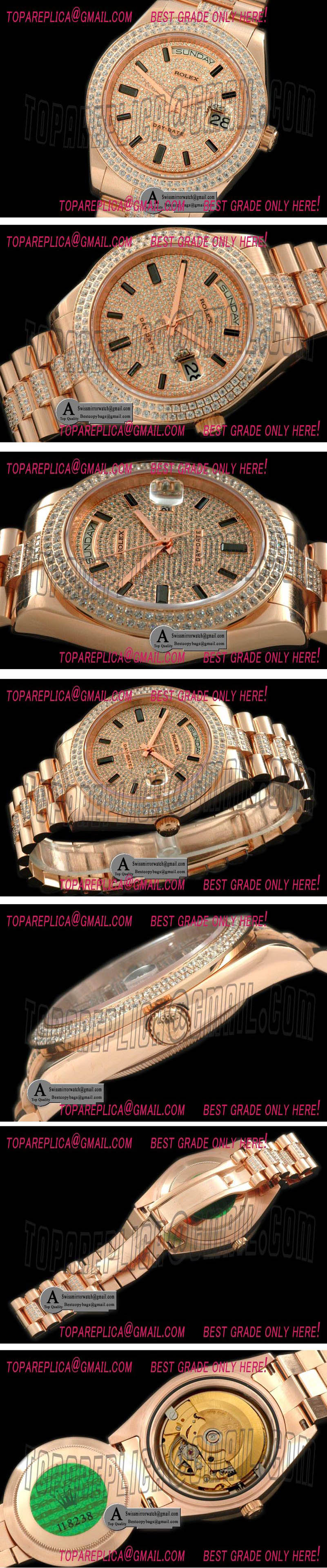 Rolex Day-Date II Rose Gold Pres/Diamond 2-Diamond Bezel Diamond/Ruby Dial Swiss Eta 2836 Replica Watches