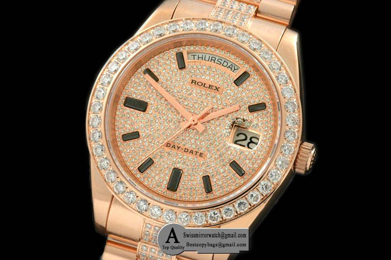 Rolex Day-Date II Rose Gold Pres/Diamond Diamond Bezel Diamond/Ruby Dial Swiss Eta 2836 Replica Watches