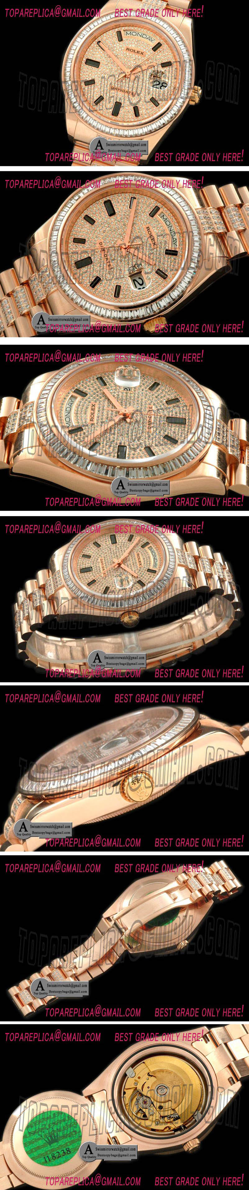 Rolex Day-Date II Rose Gold Pres/Diamond SQ-Diamond Bezel Diamond/Ruby Dial Swiss Eta 2836 Replica Watches