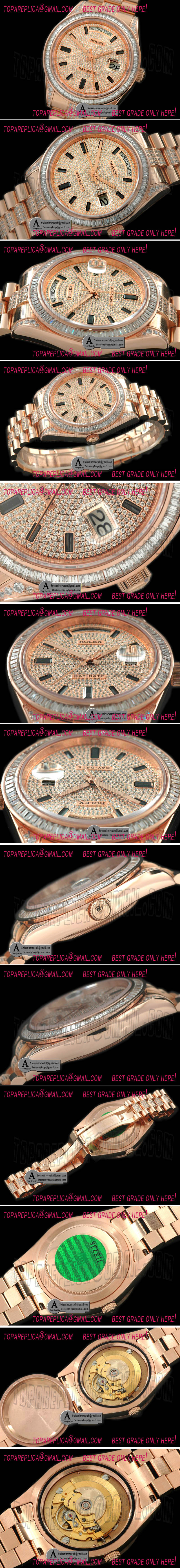 Rolex Day Date II Rose Gold Pres/Diamond SQ-Diamond Bezel Diamond/Ruby Dial Swiss Eta 2836 Replica Watches