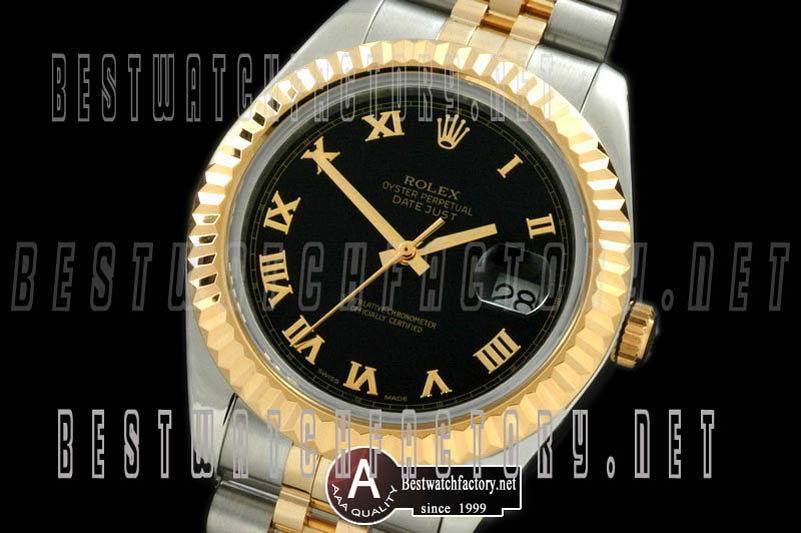 Rolex SS/Yellow Gold Jubile Fluted Black Roman Asian Eta 2836-2 25J