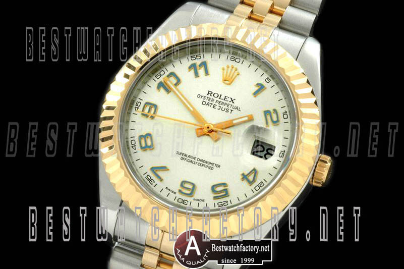 Rolex Datejust SS/Yellow Gold Jubile Fluted White Blue Num Asian Eta 2836-2