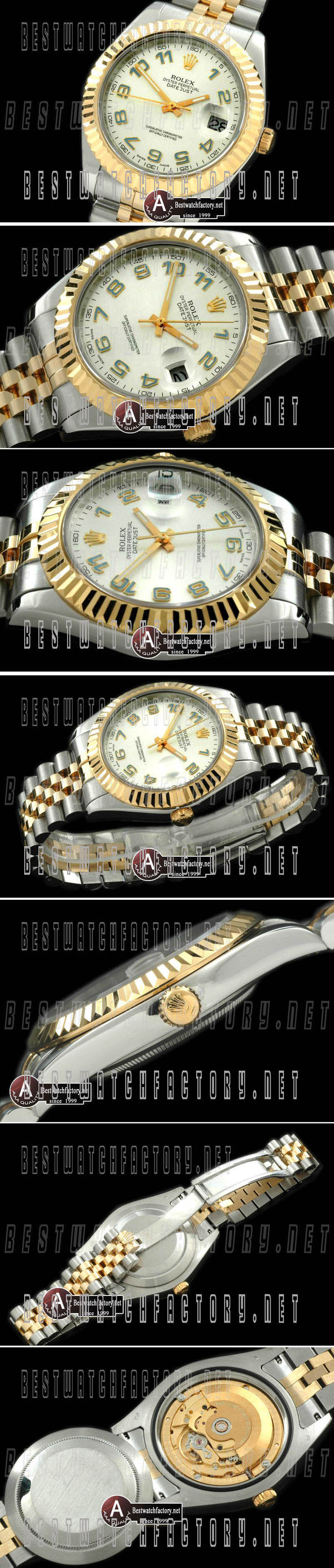 Rolex Datejust SS/Yellow Gold Jubile Fluted White Blue Num Asian Eta 2836-2