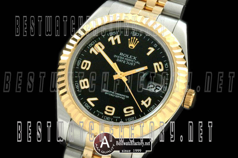 Rolex Datejust II" SS/Yellow Gold Jubile Fluted Black Gold Num Asian Eta 2836-2