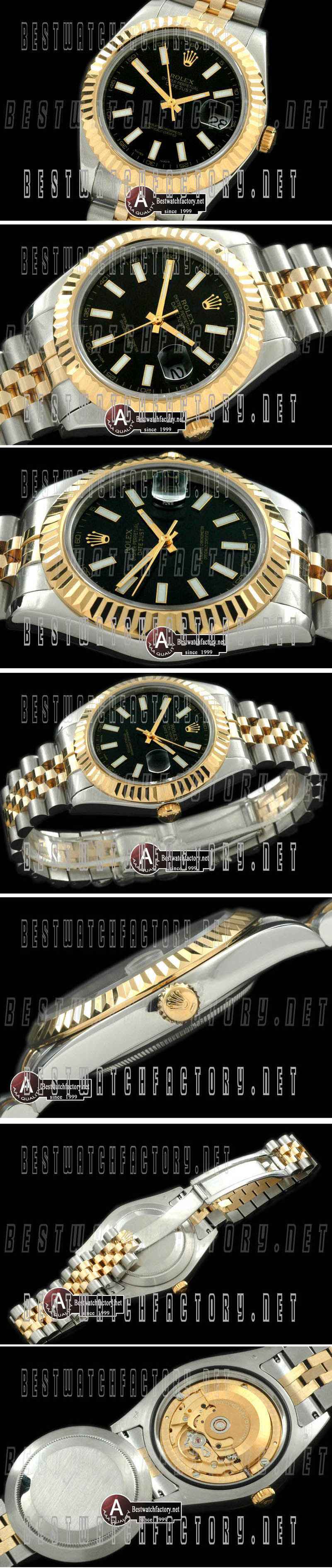 Rolex Datejust II" SS/Yellow Gold Jubile Fluted Black Sticks Asian Eta 2836-2