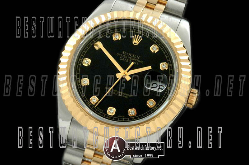 Rolex Datejust II" SS/Yellow Gold Jubile Fluted Black Diamond Asian Eta 2836-2