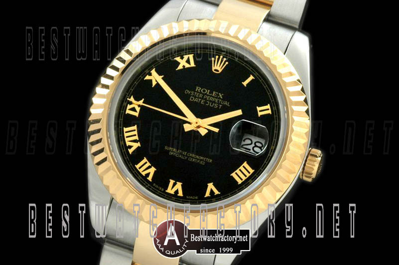 Rolex Datejust II SS/Yellow Gold Oyster Fluted Black Roman Asian Eta 2836-2