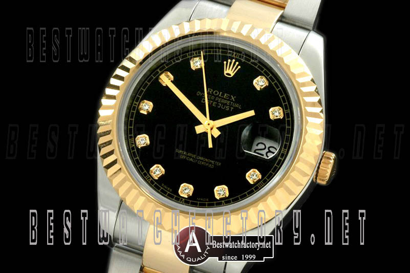 Rolex Datejust II SS/Yellow Gold Oyster Fluted Black Diamond Asian Eta 2836-2