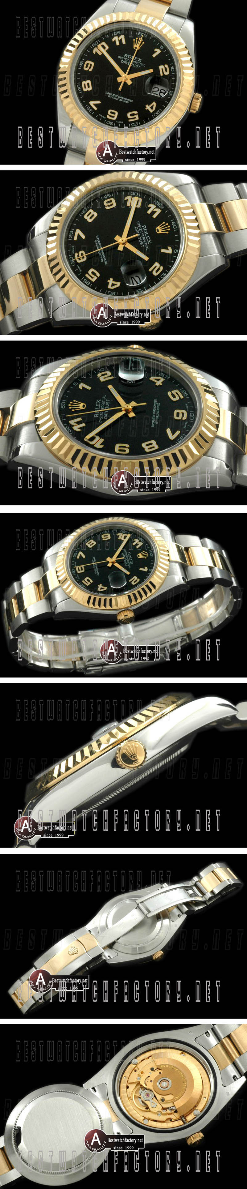 Rolex Datejust II SS/Yellow Gold Oyster Fluted Black Gold Num Asian Eta 2836-2
