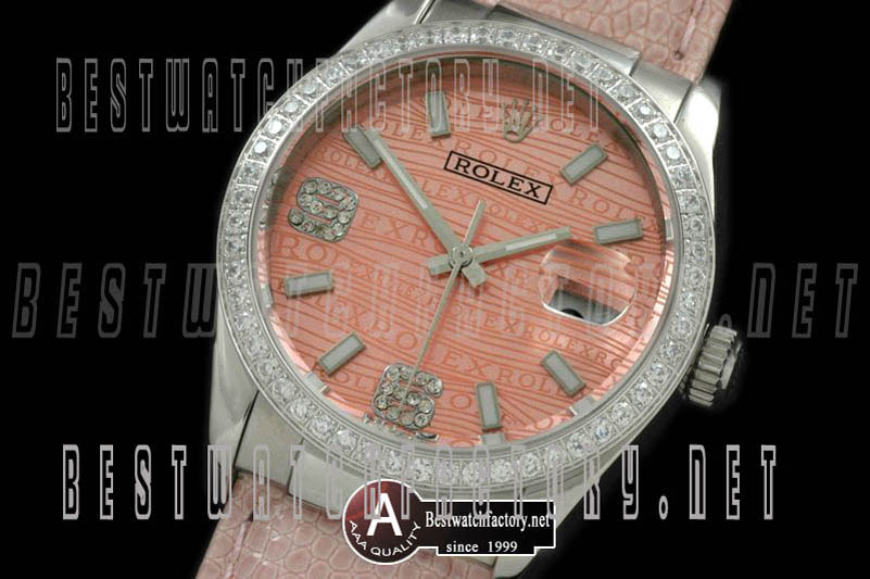 Rolex Datejust Mens Leather Salmon 2008 Insignia Dial Diamond Bez Stk/Diamond Num
