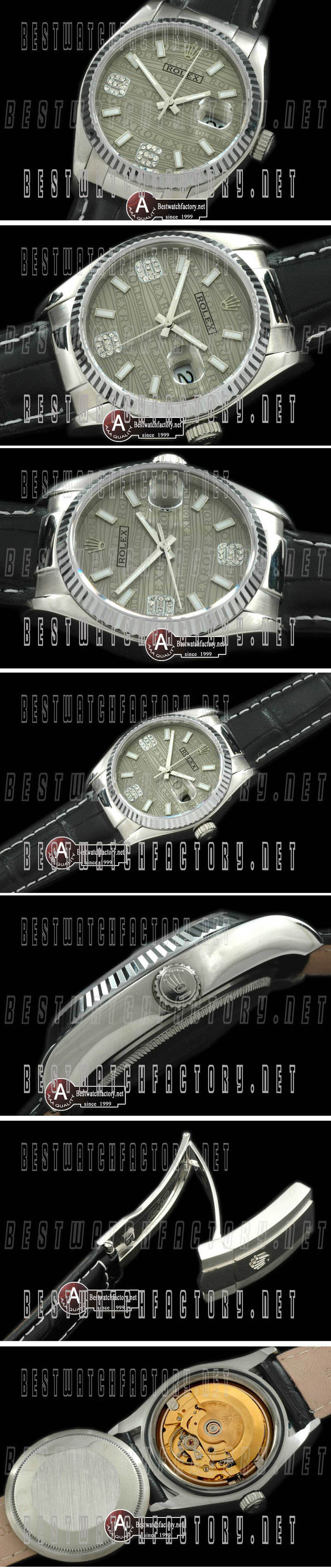 Rolex Datejust Mens Leather Grey 2008 Insignia Dial Lume Stk/Diamond Num Marker