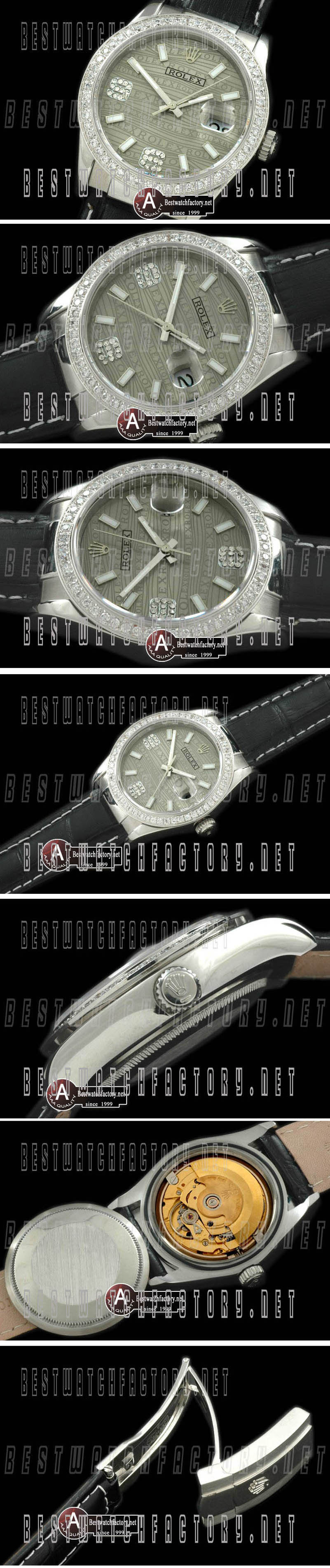 Rolex Datejust Mens Leather Grey 2008 Insignia Dial Diamond Bezel Lume Stk/Diamond Num