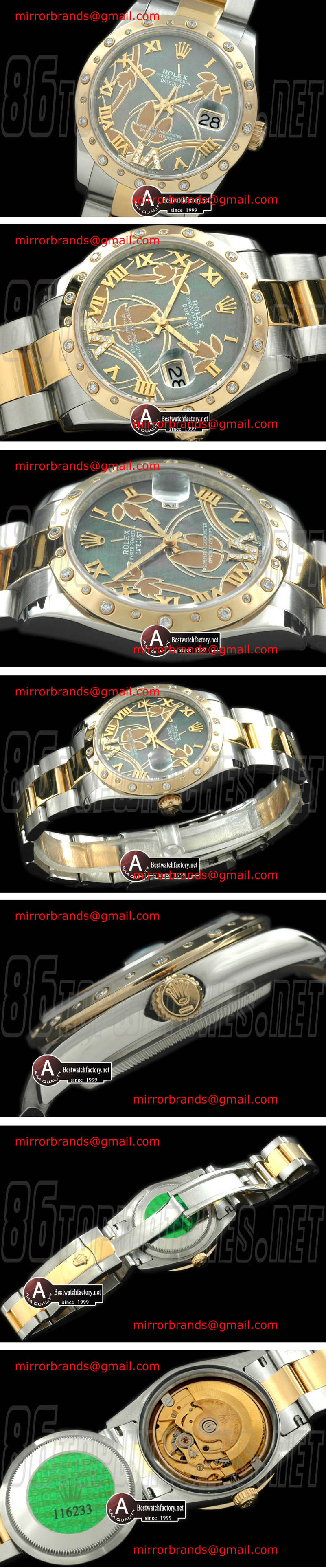 Luxury Rolex DateJust Men 2011 Flora Oyster/Diamond SS/Yellow Gold M-Green Swiss Eta 2836-2