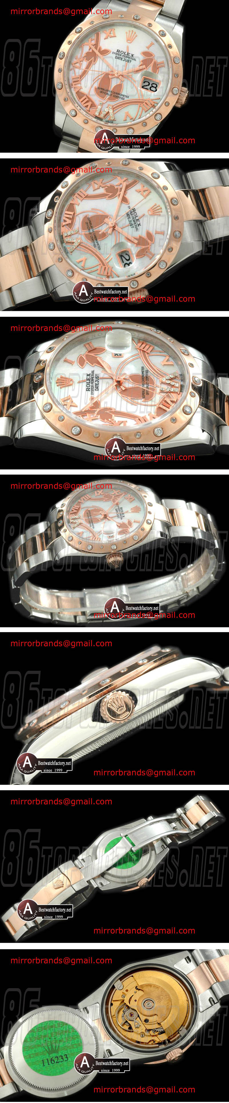 Luxury Rolex DateJust Men 2011 Flora Oyster/Diam SS/Rose Gold P-White Swiss Eta 2836-2