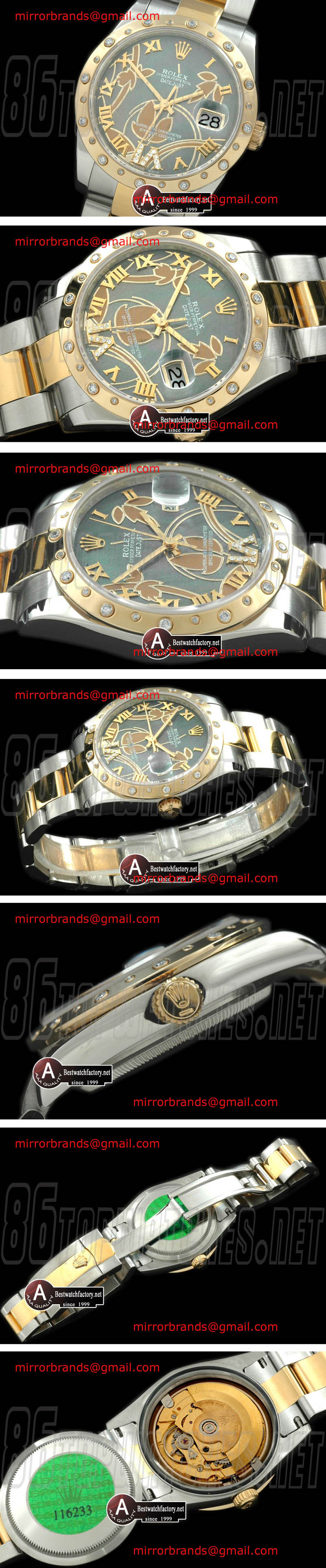 Luxury Rolex DateJust - Midsize 2011 Flora Oyster/Diamond SS/Yellow Gold M-Green Swiss Eta 2836-2