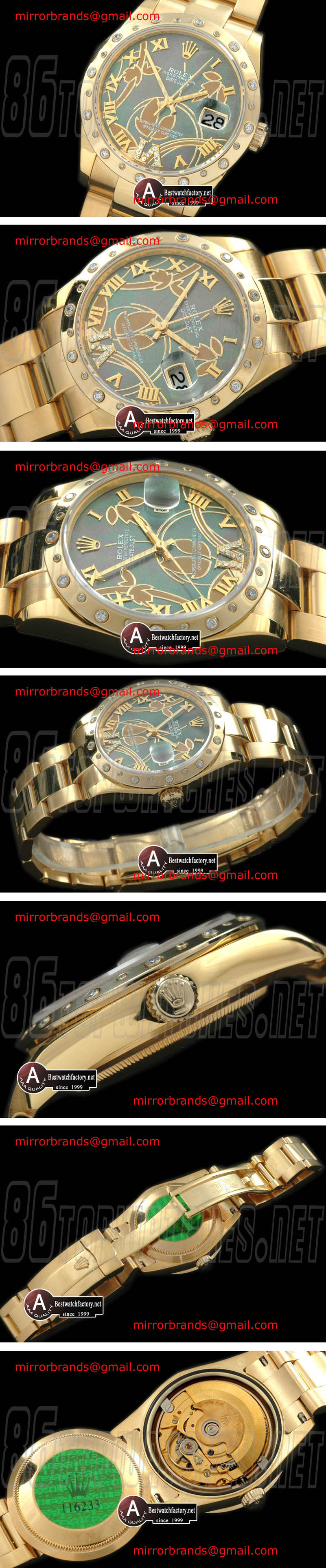 Luxury Rolex DateJust - Midsize 2011 Flora Oyster/Diamond Yellow Gold M-Green Swiss Eta 2836-2