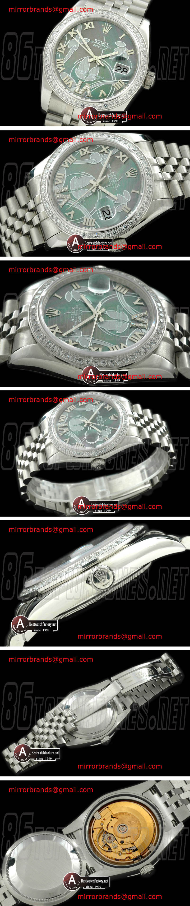 Luxury Rolex DateJust - Midsize 2011 Flora Jubilee/Diamond SS M-Green Swiss Eta 2836-2