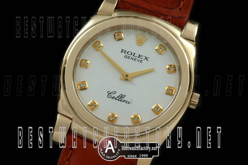 Rolex Cellini Mid Size Yellow Gold/Leather White Diamond Swiss Quartz