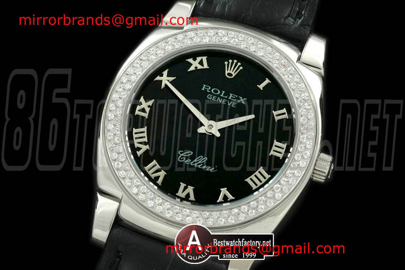 Luxury Rolex Cellini Ladies Cellini SS/Leather/Diamond Black Swiss Quartz
