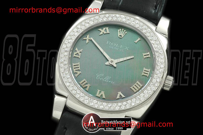 Luxury Rolex Ladies Cellini SS/Leather/Diamond MOP Black Swiss Quartz