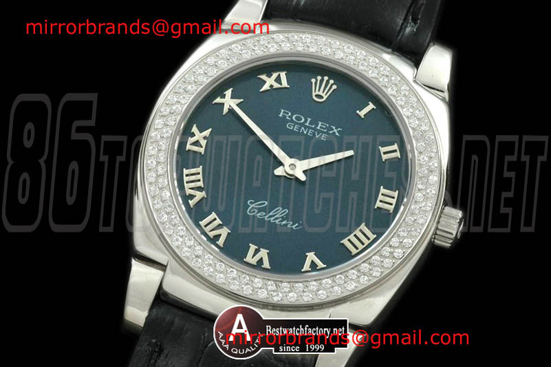 Luxury Rolex Ladies Cellini SS/Leather/Diamond Blue Swiss Quartz