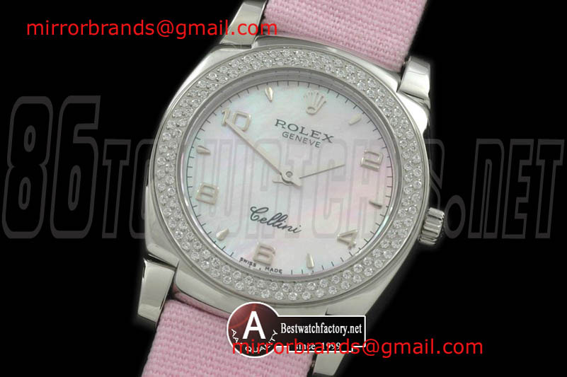 Luxury Rolex Ladies Cellini SS/Leather/Diamond MOP White Num Swiss Quartz
